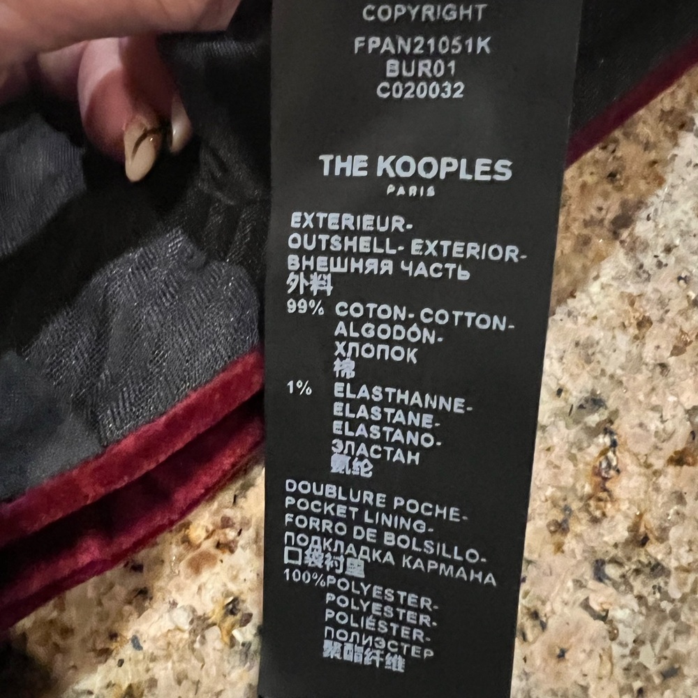 The Kooples Burgundy Velvet Slim Pants Trousers Size 38 NWT - Picture 9 of 12